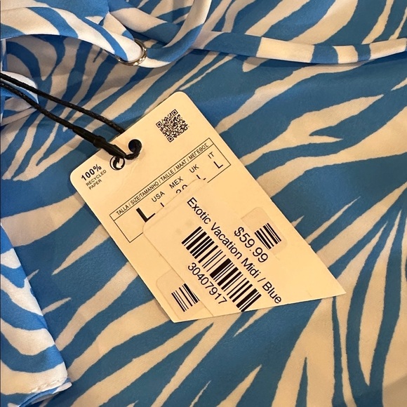 DREAMER, NWT, WOMENS, BLUE & WHITE ZEBRA PRINT, CAMI DRESS. MIDI LENGTH. SIZE L - Picture 12 of 12